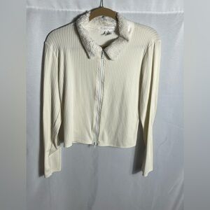 Planet Gold Ivory Faux Fur Collar Ribbed Zip Up Long Sleeve Top Women’s XL